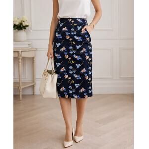 Dalia Floral Pencil Skirt Size 4 Navy Blue Corpcore Quiet Luxury Spring Midi